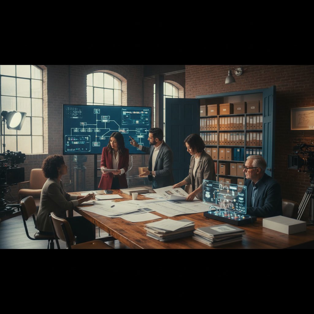 Production coordinator organizing digital project files and contracts on a document management platform