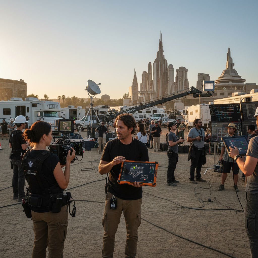 Production crew member accessing project documents and call sheets from mobile device on film set
